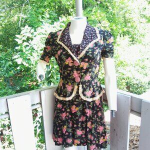 Floral Lace-Trim Mini Dress - Black with Pink & Yellow Roses